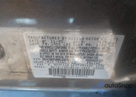 2021 Nissan Versa Sv Xtronic Cvt z USA, uszkodzony, nr VIN 3N1CN8EV8ML832151